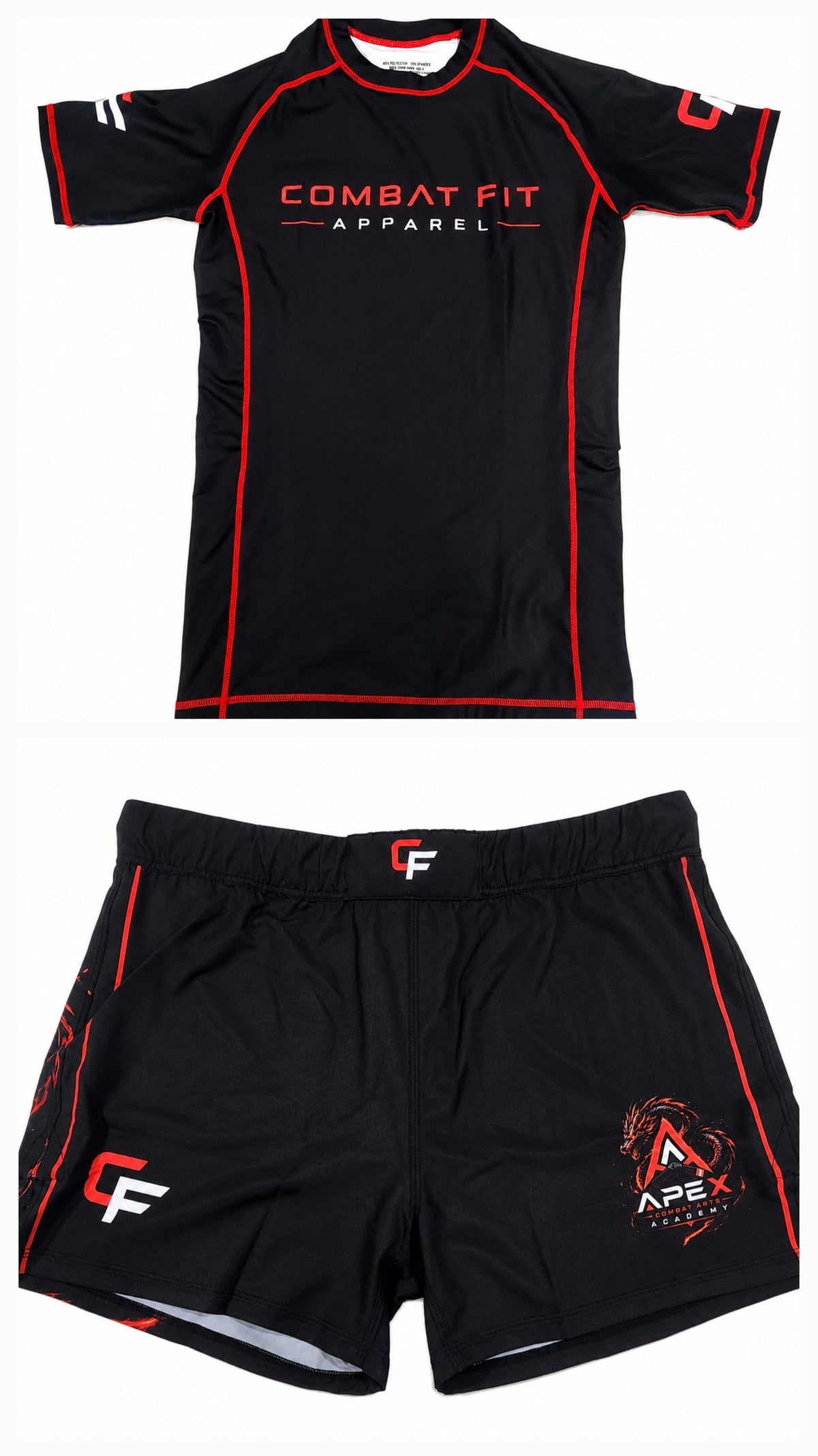 Apex Rashguard Set flat lay — black short-sleeve compression rashguard and matching fight shorts with red flatlock stitching