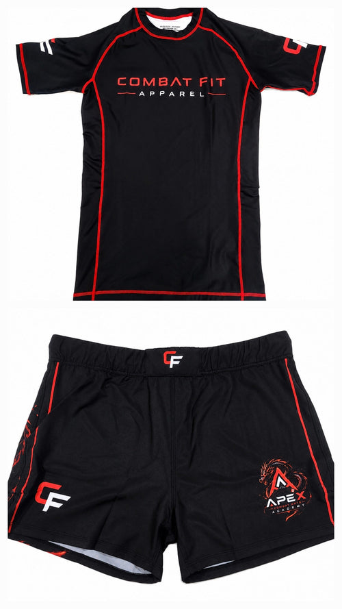 Apex Rashguard Set flat lay — black short-sleeve compression rashguard and matching fight shorts with red flatlock stitching