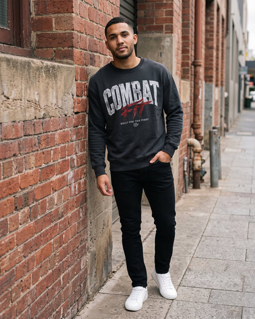 Combat Crew Neck Sweatshirt in Charcoal, worn on a street
