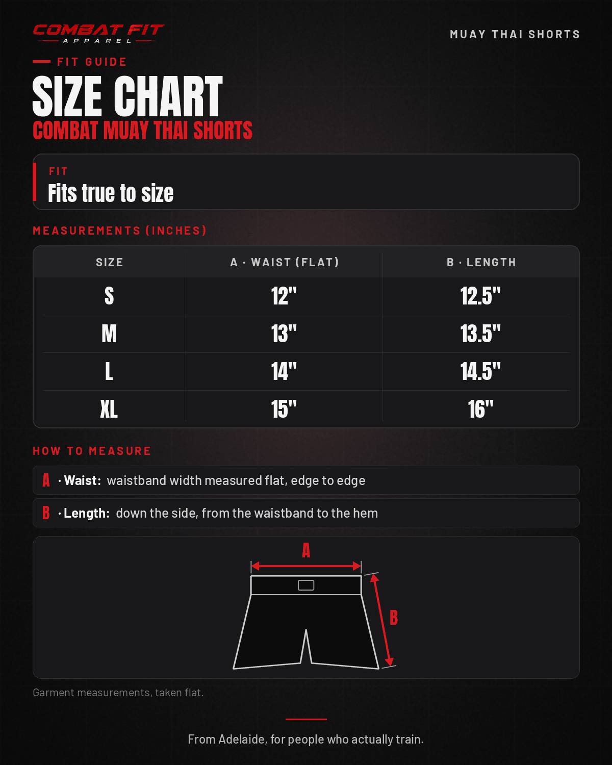 Combat Muay Thai Shorts size chart, fits true to size; sizes S to XL, waist (flat) and length in inches